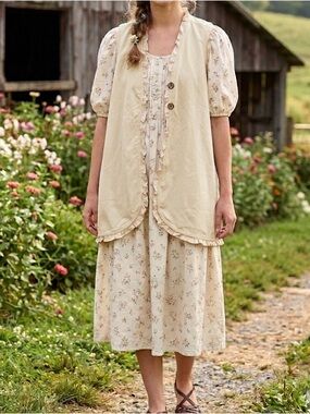 April Cornell Linen Vest Ruffle Cream Beige Size Small Cottagecore Farmhouse